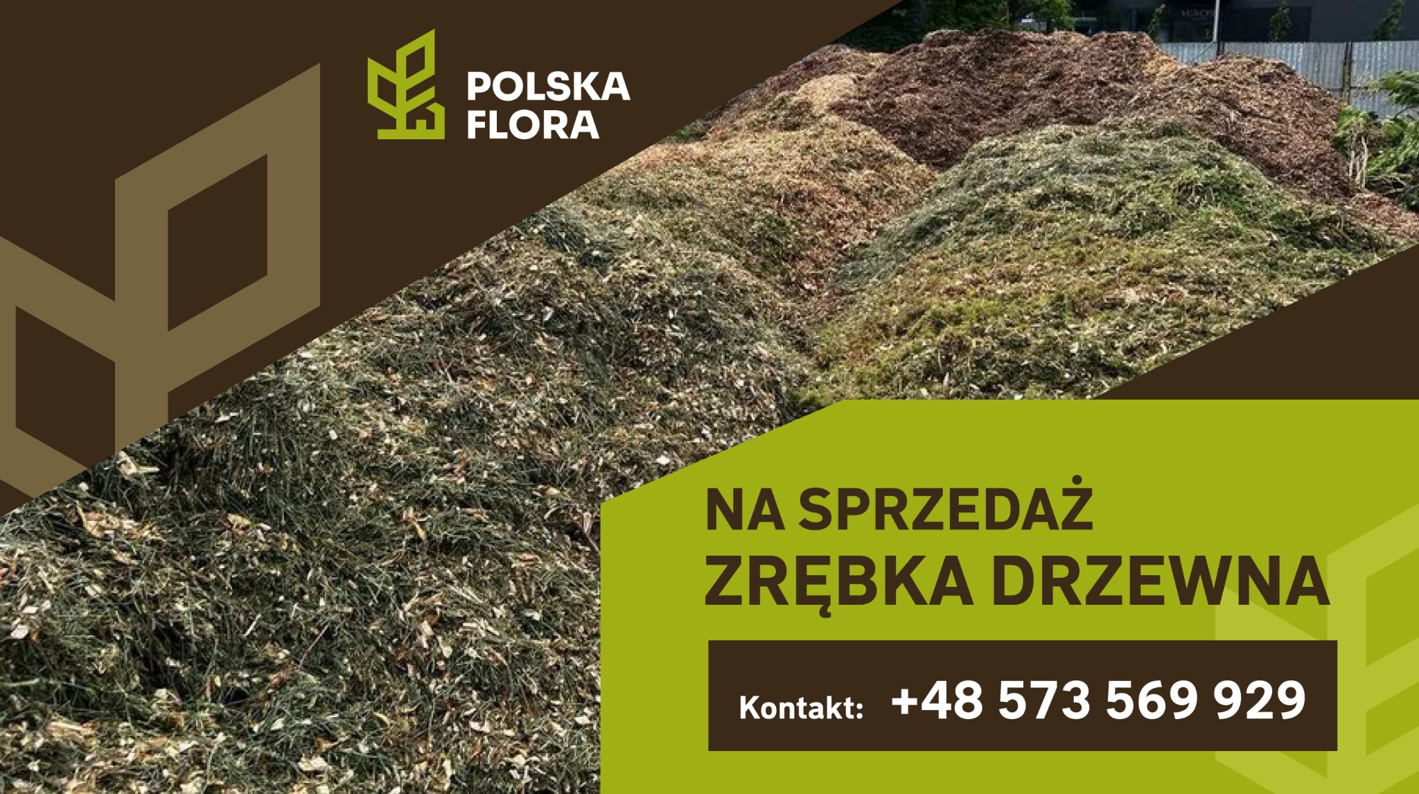 Góra zrębki drzewnej na sprzedaż, widoczny kontakt telefoniczny, logo firmy Polska Flora w lewym górnym rogu.