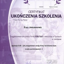 BIURO RACHUNKOWE JET sp. z o.o. - Fioletowo-biały certyfikat ukończenia szkolenia EDUTAG dla Ewy Januszonek z zakresu 'Wakacje ZUS - jak przygotować swoją firmę lub klienta biura'.