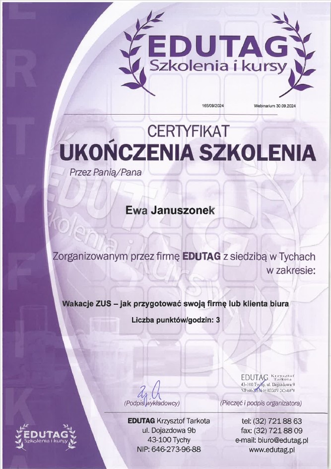 Skan certyfikatu ukończenia szkolenia zorganizowanego przez firmę EDUTAG, dotyczącego przygotowania firmy lub klienta biura do wakacji ZUS, z podaną liczbą punktów/godzin.
