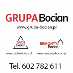 Logo firmy Grupa Bocian, oferującej usługi dachowe i remontowe, z adresami stron internetowych i numerem telefonu