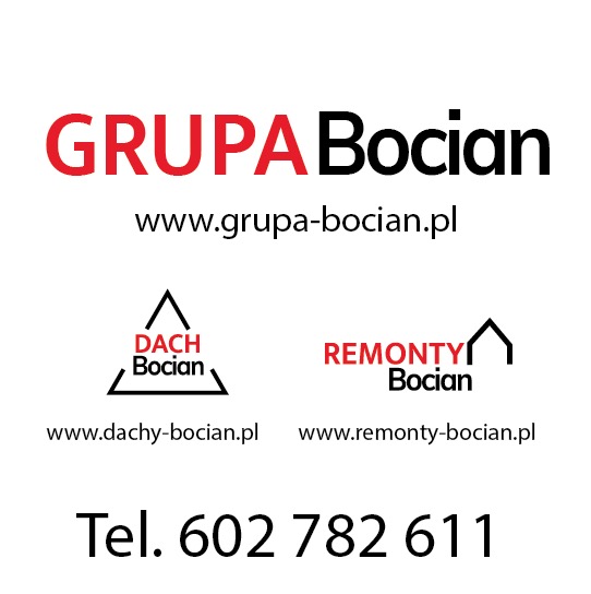 Logo firmy Grupa Bocian, oferującej usługi dachowe i remontowe, z adresami stron internetowych i numerem telefonu