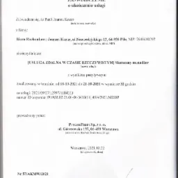 Skan zaświadczenia o ukończeniu kursu online dla menadżerów, wydanego przez Process Team Sp. z o.o. dla Joanny Kozar z Biura Rachunkowego Joanna Kozar, zawierający daty realizacji, numery usług...