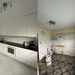 PRECYZJA Firma Remontowo-Budowlana - Zdjęcie przedstawia porównanie stanu kuchni przed i po pracach: po lewej stronie nowoczesna, biała zabudowa kuchenna z czarnym blatem i sprzętami AGD, po prawej kuchnia w trakcie demontażu,...