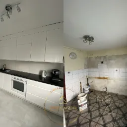 Zdjęcie przedstawia porównanie stanu kuchni przed i po pracach: po lewej stronie nowoczesna, biała zabudowa kuchenna z czarnym blatem i sprzętami AGD, po prawej kuchnia w trakcie demontażu,...