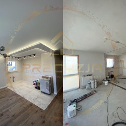 PRECYZJA Firma Remontowo-Budowlana - Porównanie stanu pokoju przed i po: po lewej parkiet i pomalowane ściany, po prawej surowy beton i ślady po instalacjach.