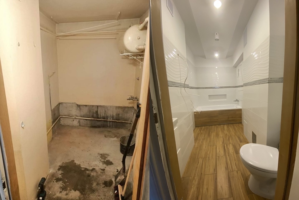 Porównanie stanu łazienki przed i po: surowe ściany z zaciekami i nowa, wykończona łazienka z białą armaturą, drewnopodobnymi płytkami i wanną w zabudowie.