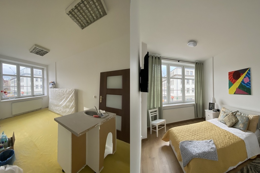 Porównanie stanu pokoju przed i po: pokój przed remontem z żółtą podłogą, prowizoryczną zabudową kuchenną i zapakowanym materacem, oraz pokój po remoncie z drewnianą podłogą, umeblowaną sypialnią...