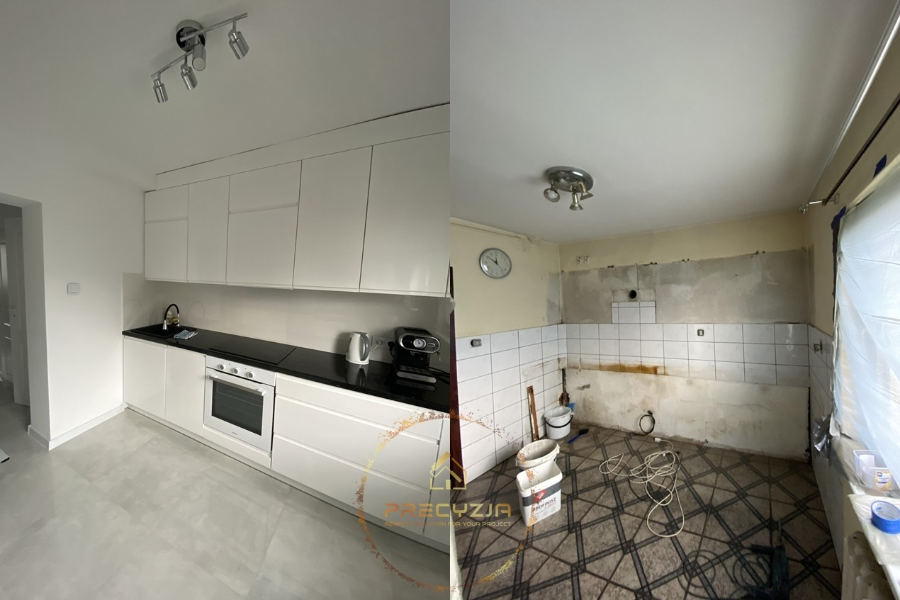 Zdjęcie przedstawia porównanie stanu kuchni przed i po pracach: po lewej stronie nowoczesna, biała zabudowa kuchenna z czarnym blatem i sprzętami AGD, po prawej kuchnia w trakcie demontażu,...