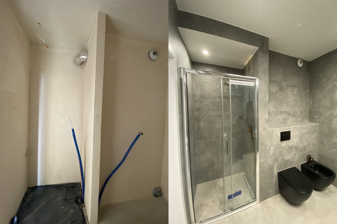 Porównanie stanu surowego i wykończonego wnętrza łazienki: po lewej instalacje i surowe ściany, po prawej kabina prysznicowa z przesuwnymi drzwiami, podwieszana toaleta i bidet w kolorze czarnym...