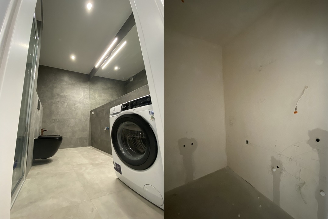 Dwie części łazienki: po lewej wykończona z szarą ścianą, czarną miską WC i pralką Electrolux, po prawej surowa ściana z widocznymi śladami po instalacjach.