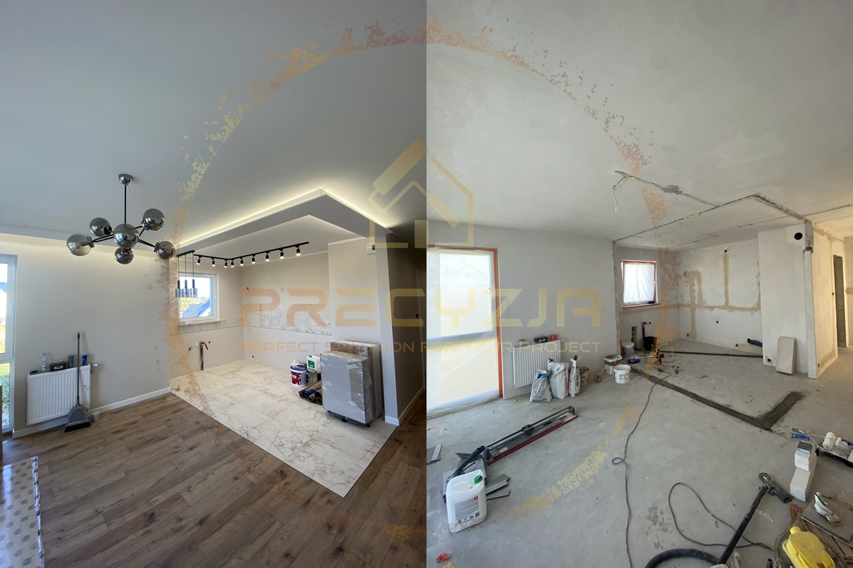 Porównanie stanu pokoju przed i po: po lewej parkiet i pomalowane ściany, po prawej surowy beton i ślady po instalacjach.