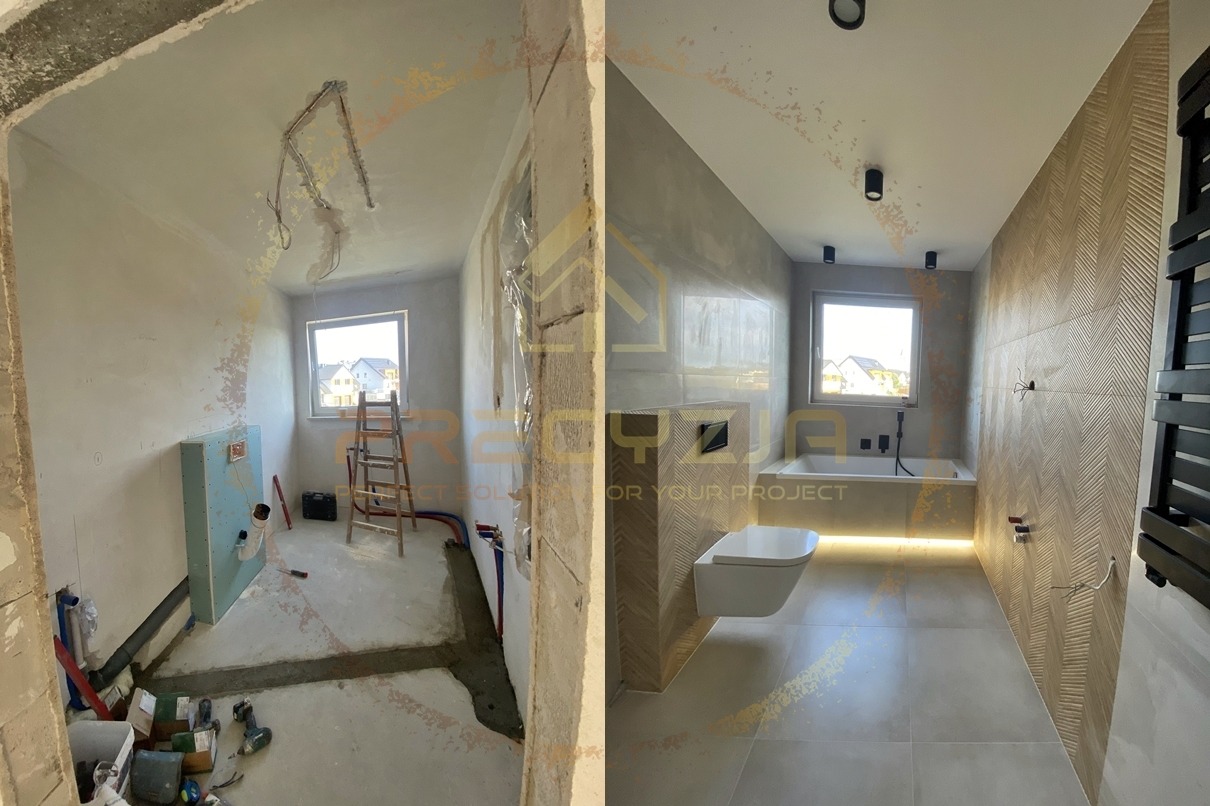 Porównanie stanu łazienki przed i po: surowy stan z odsłoniętymi instalacjami vs. nowoczesna łazienka z podświetlaną wanną, wiszącą toaletą i dekoracyjnymi płytkami.