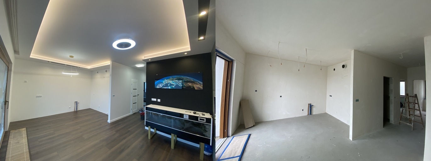 Dwuczęściowe panoramiczne ujęcie wnętrza: po lewej wykończony salon z podłogą z paneli, czarną ścianą z telewizorem z motywem Ziemi i podświetlanym sufitem, po prawej surowy stan wnętrza...