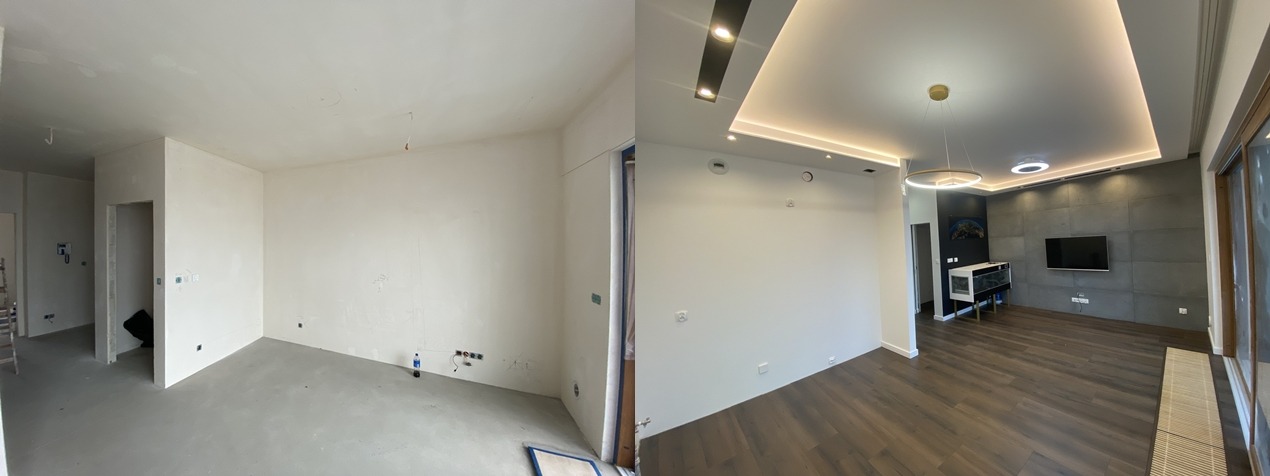 Porównanie stanu surowego i wykończonego wnętrza: po lewej pokój ze ścianami przygotowanymi do malowania, szarym betonowym podłożem, po prawej wykończony pokój z drewnianą podłogą, oświetleniem LED...