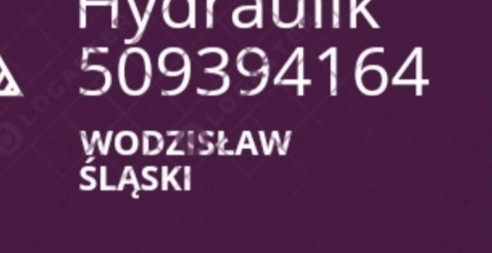 Grafika z napisem 'Hydraulik' nad numerem telefonu 509394164 i nazwą miejscowości Wodzisław Śląski, wszystko w kolorze białym na fioletowym tle.