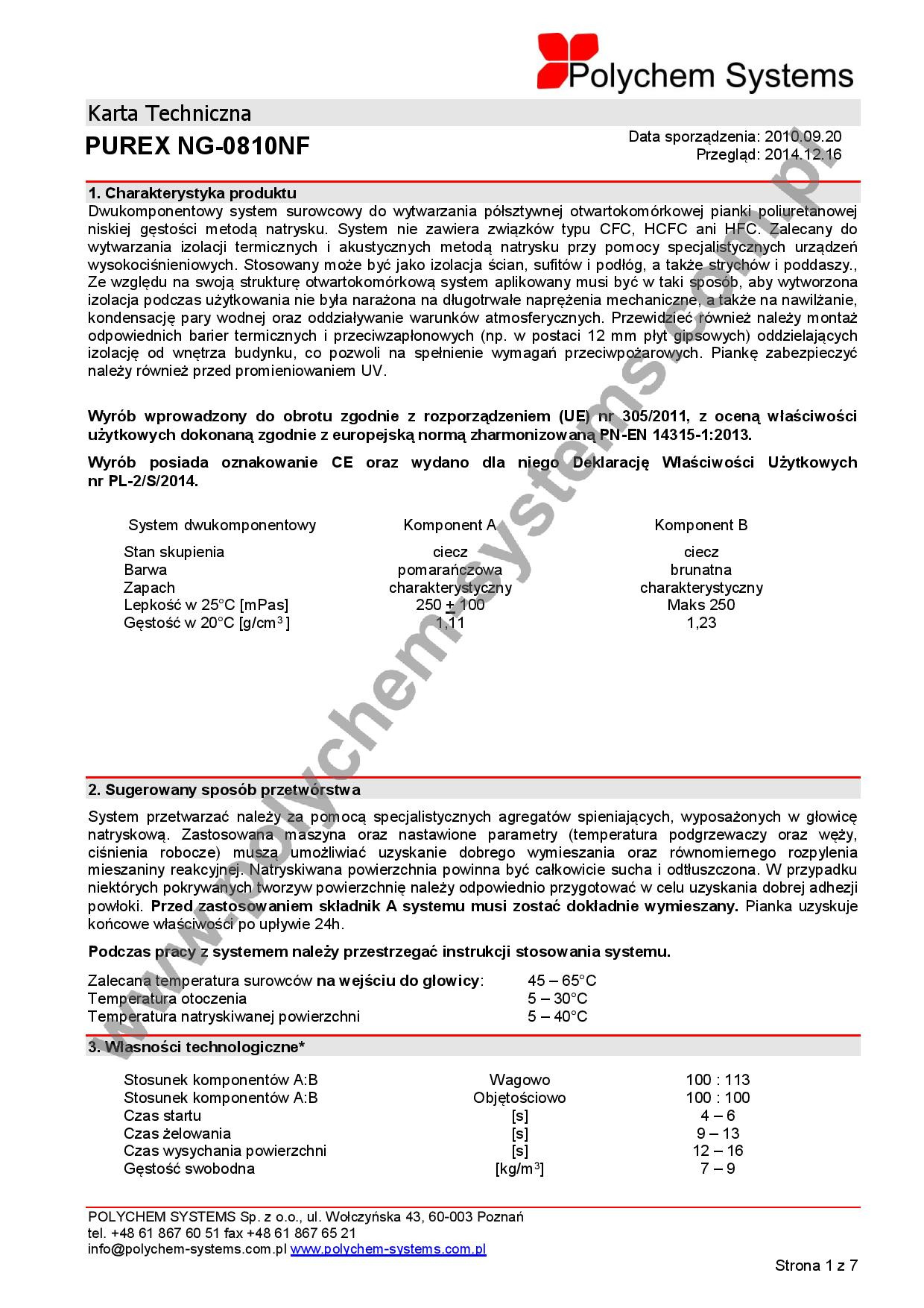 Karta techniczna produktu Purex NG-0810NF firmy Polychem Systems, zawierająca charakterystykę, sugerowany sposób przetwórstwa oraz właściwości technologiczne dwukomponentowego systemu surowcowego...
