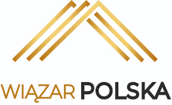 Logo firmy Wiązar Polska z graficznym symbolem stylizowanego dachu utworzonego z trzech złotych linii.