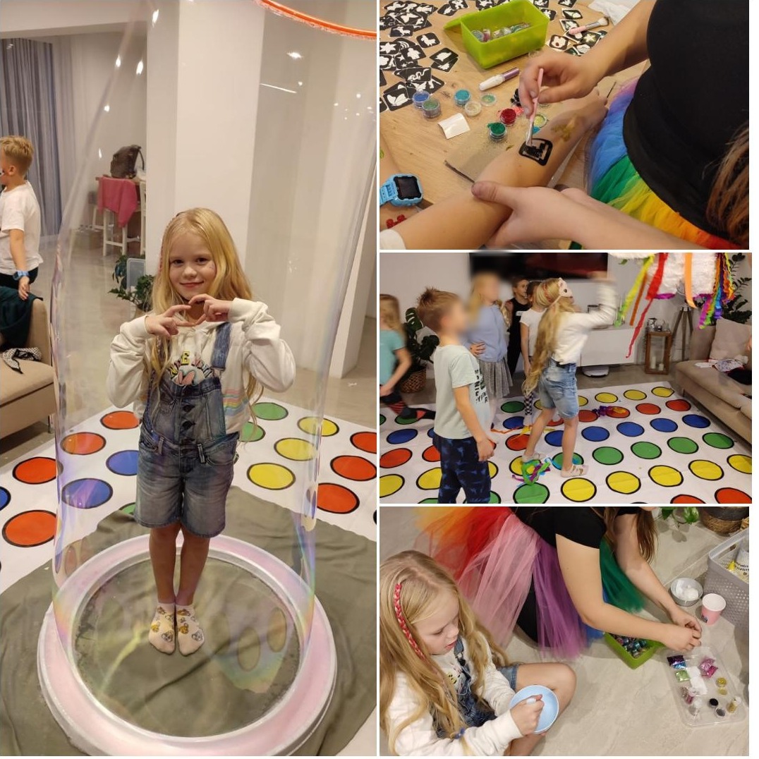 Dziewczynka w przezroczystej kuli na tle kolorowej podłogi, obok malowanie wzorów na ramieniu i zabawa dzieci podczas przyjęcia.
