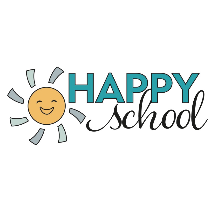 Ilustracja logo 'Happy School': uśmiechnięte słońce z promieniami i napis 'Happy School' w kolorach turkusowym i czarnym na białym tle.