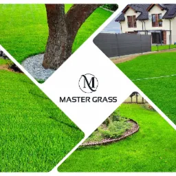 Kolaż zdjęć prezentujący gęsty, zielony trawnik wokół domów jednorodzinnych, z obrzeżami z kamienia i drewna, oraz logo firmy Master Grass na białym tle.