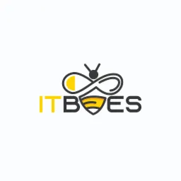 Logo firmy ITBEES przedstawiające stylizowaną pszczołę z elementami graficznymi nawiązującymi do nieskończoności i tarczy, z żółto-szarym napisem ITBEES.