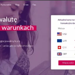 Strona internetowa kantoru walut online domwaluty.pl z aktualnymi kursami walut USD, EUR, CHF, GBP, widoczne przyciski logowania i rejestracji.