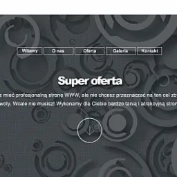 Szaro-biały projekt strony internetowej z menu nawigacyjnym, tekstem 'Super oferta' i dekoracyjnymi okręgami w tle.