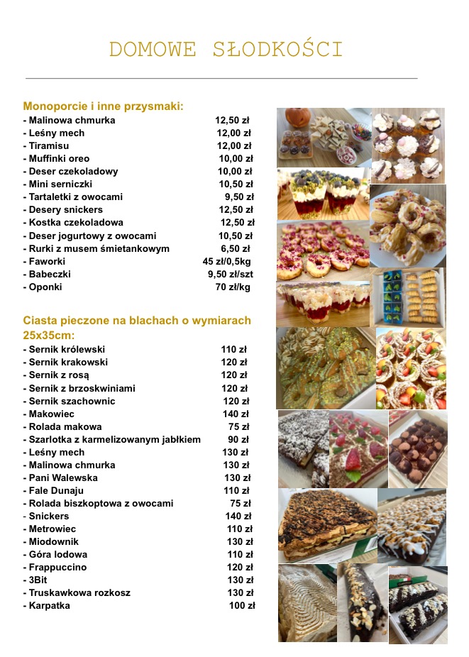 Menu domowych słodkości z cenami, prezentujące zdjęcia deserów, ciast i ciasteczek, takich jak mini serniczki, tartaletki, faworki, serniki i rolady.