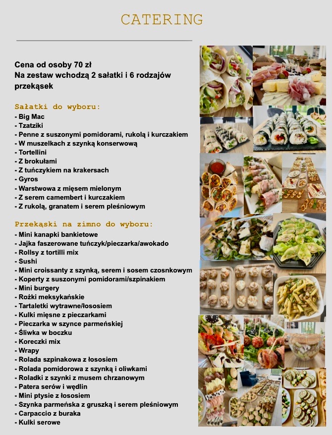 Kolaż zdjęć prezentujący ofertę cateringową: sałatki, tortille, sushi, kanapki, roladki, mini burgery i inne przekąski zimne. Widoczny spis dań z ceną od osoby.