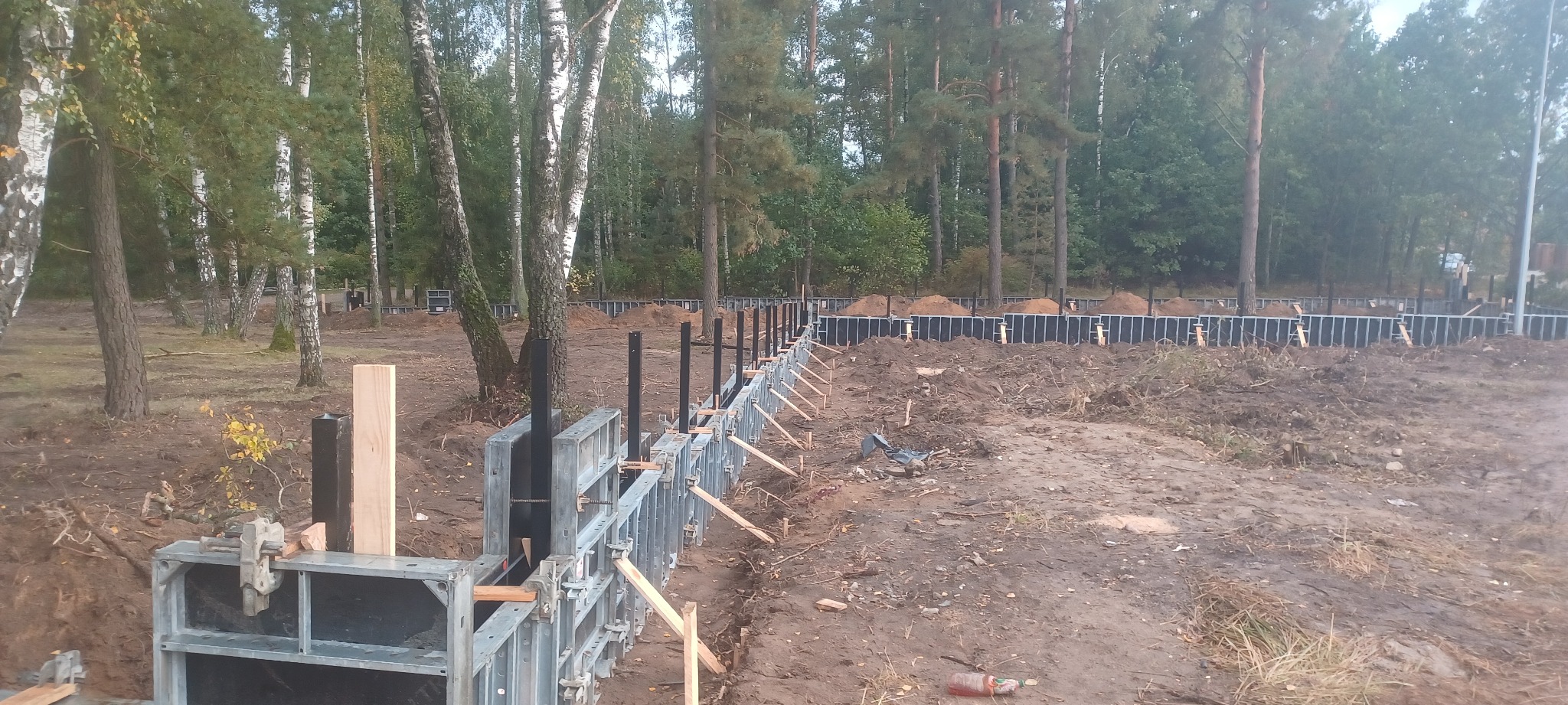 Szare szalunki fundamentowe z metalowymi słupkami i drewnianymi rozpórkami w ziemi, widok na las w tle.