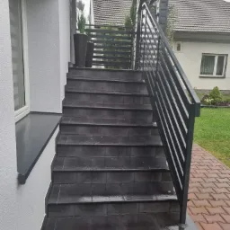 Zewnętrzne schody wyłożone ciemnymi, błyszczącymi płytkami prowadzące do domu, z czarną metalową balustradą i donicami z roślinami na górze.