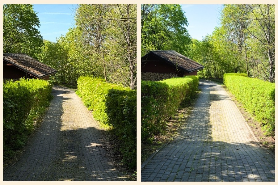 Długa, brukowana ścieżka otoczona równo przyciętym, zielonym żywopłotem prowadzi w głąb ogrodu. Po lewej stronie widoczny fragment budynku z brązowym dachem.