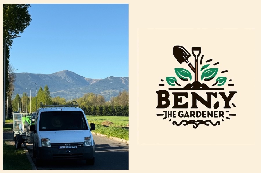 Pojazd firmy ogrodniczej Beny The Gardener na tle górskiego krajobrazu i logo firmy z łopatą i roślinami. Auto z przyczepką zaparkowane na poboczu.