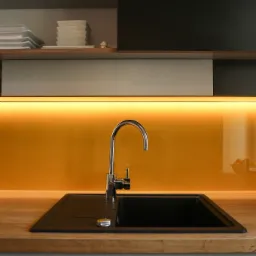 Czarny zlew z chromowaną baterią na drewnianym blacie, podświetlony pomarańczowym światłem, z widocznymi szafkami i półkami z naczyniami w tle.