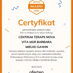 Certyfikat Oferteo Najlepsi 2025 dla Centrum Terapii Nova Vita Mgr Barbara Mielke-Gawin za rzetelność i wysoką jakość usług, datowany na 26.03.2025.