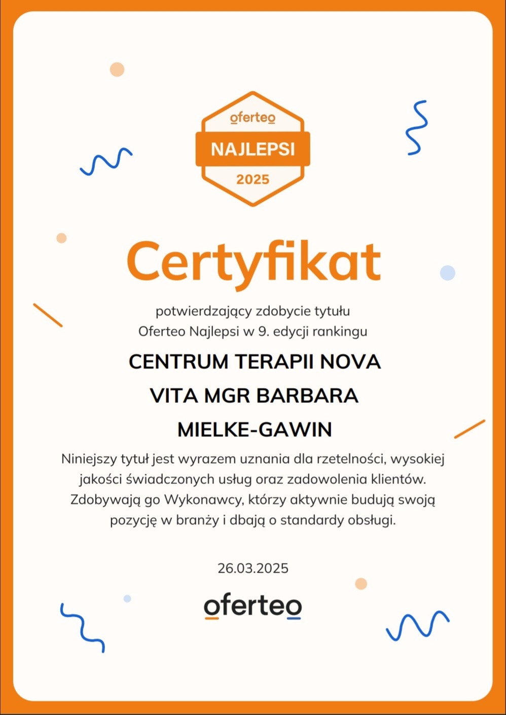 Certyfikat Oferteo Najlepsi 2025 dla Centrum Terapii Nova Vita Mgr Barbara Mielke-Gawin za rzetelność i wysoką jakość usług, datowany na 26.03.2025.
