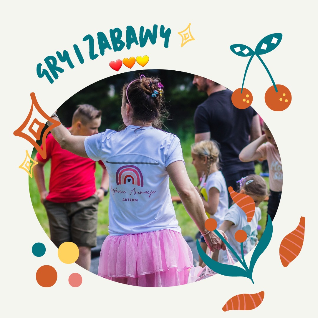 Animatorka w różowej tiulowej spódnicy prowadzi grupę dzieci podczas gier i zabaw na świeżym powietrzu, widoczny napis 'Gry i zabawy' oraz logo firmy 'Bajkowe Animacje ARTERM' na koszulce animatorki.