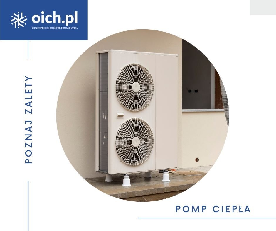 Zewnętrzna jednostka pompy ciepła zamontowana na betonowej podstawie z widocznymi białymi podkładkami antywibracyjnymi, na tle beżowej ściany budynku z oknem.