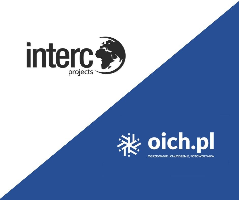 Logotyp firmy Interco Projects, właściciela marki OICH.pl, działającej w Koninie, z hasłem: ogrzewanie i chłodzenie, fotowoltaika.