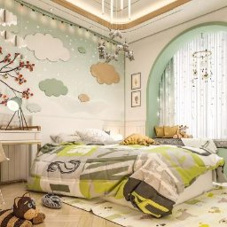 Miood Wnętrza Online - Pokój dziecięcy z motywem chmur i drzewa kwitnącej wiśni na ścianie, łóżko z zielono-szarą pościelą, okno z wnęką do siedzenia i wiszącą dekoracją, pluszowe zabawki na podłodze i para obrazków ze...