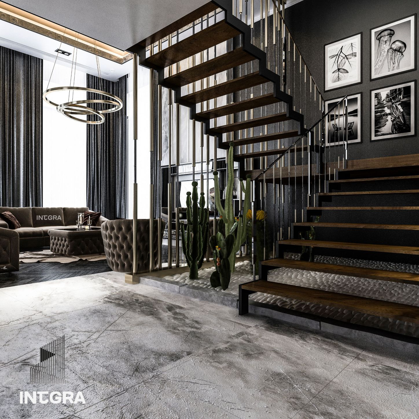 Nowoczesne wnętrze salonu z drewnianymi schodami, metalowymi balustradami, kaktusami, szarymi zasłonami i okrągłymi lampami wiszącymi.