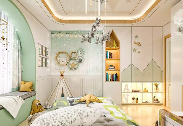 Jasny pokój dziecięcy w Warszawie z łóżkiem w gwiazdki, tipi, regałem w kształcie domku, dekoracjami ściennymi z heksagonów i lampą w kształcie zwierząt