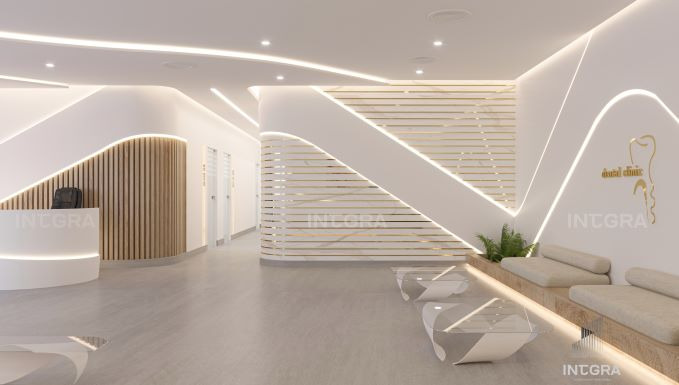 Nowoczesna poczekalnia kliniki dentystycznej z białymi ścianami, drewnianymi akcentami, podświetleniem LED, minimalistycznymi stolikami i siedziskami wbudowanymi w ścianę, ozdobiona złotym logo...