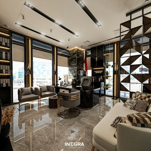 Eleganckie biuro z marmurową kolumną, szarymi sofami i geometryczną ścianką działową z drewna, oświetlone listwami LED na suficie i z polerowaną marmurową podłogą.