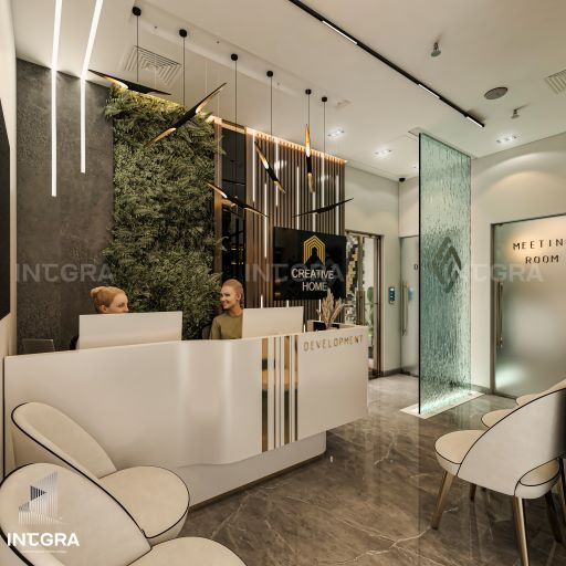 Nowoczesne biuro: recepcja z białym, falistym blatem, zieloną ścianą z roślin, designerskimi lampami i marmurową podłogą.