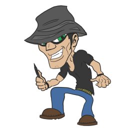 Sylwester Tryk - Karykaturalna postać złośliwego mężczyzny w kapeluszu i czarnej masce, trzymającego rysik graficzny, z zielonymi oczami i szerokim uśmiechem.