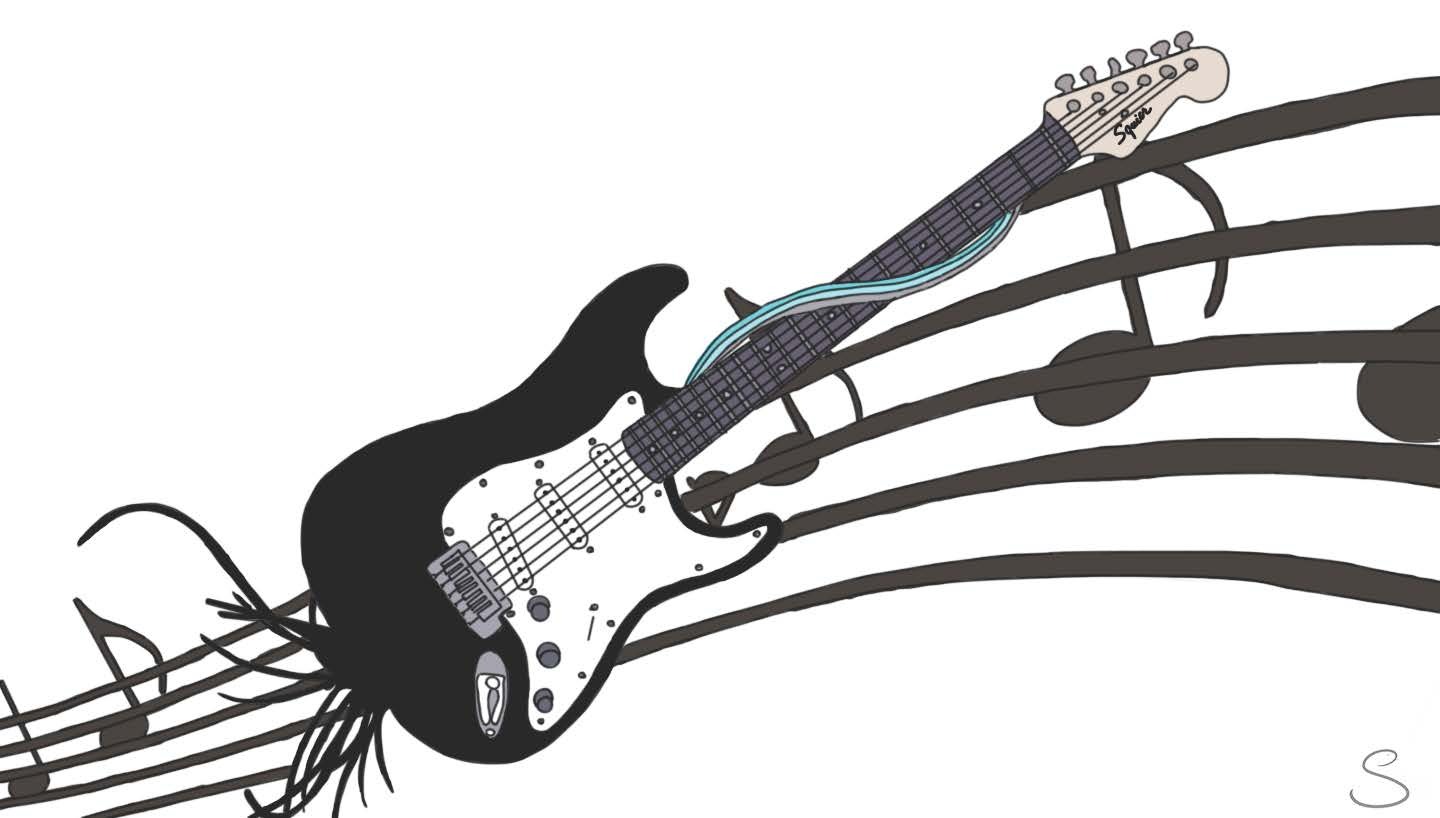 Ilustracja gitary elektrycznej marki Squier w kolorach czerni i bieli, otoczonej stylizowanymi nutami na pięciolinii. Grafika potencjalnie wykorzystywana do identyfikacji wizualnej firmy...