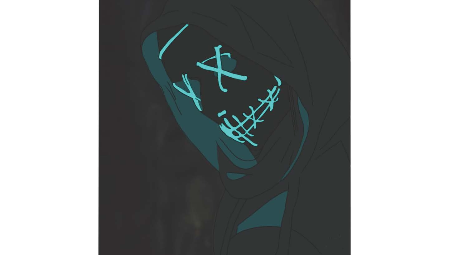 Ilustracja cyfrowa przedstawiająca postać w kapturze z maską oświetloną turkusowymi neonowymi znakami w kształcie X i szwami, na ciemnym tle.
