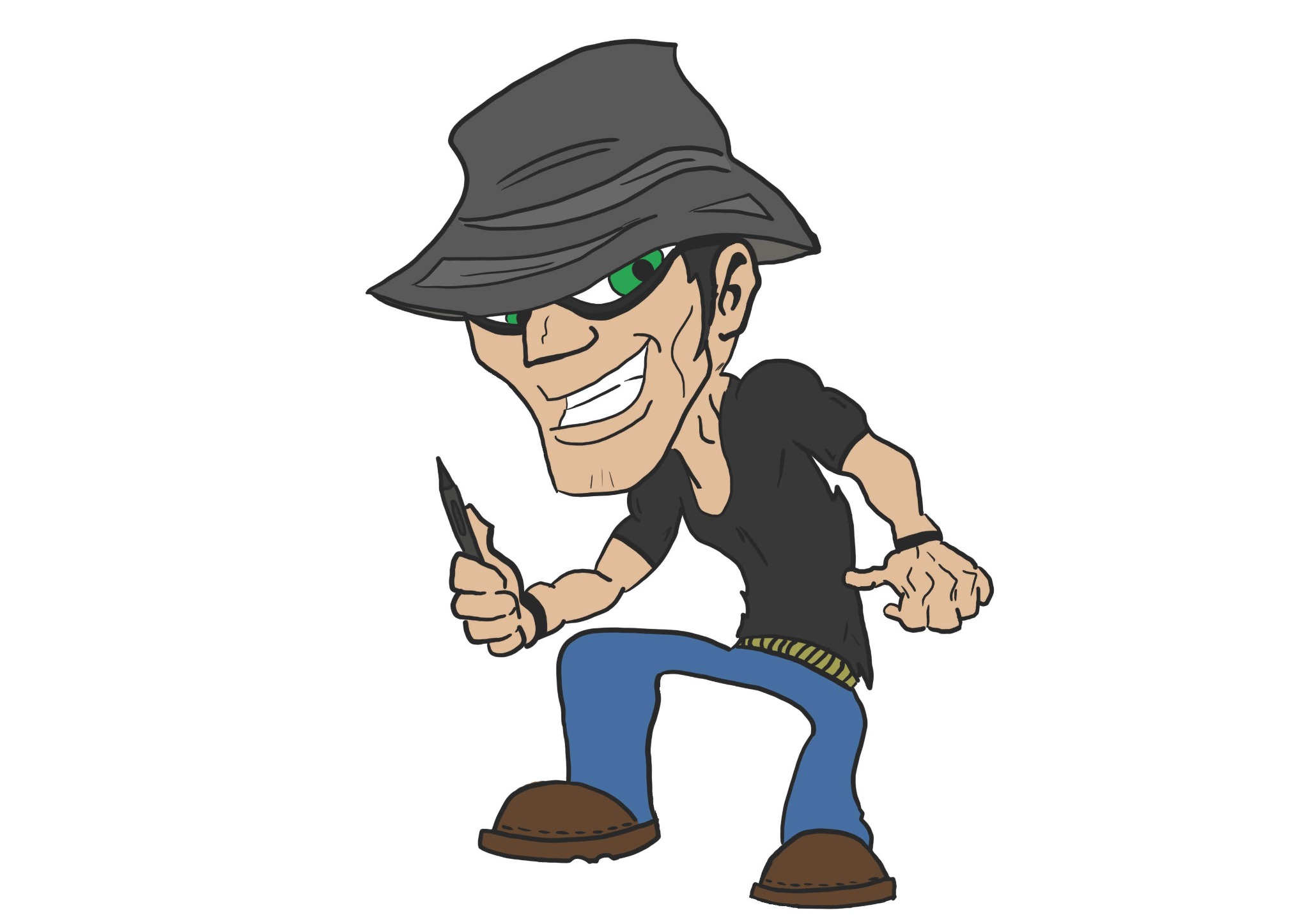 Karykaturalna postać złośliwego mężczyzny w kapeluszu i czarnej masce, trzymającego rysik graficzny, z zielonymi oczami i szerokim uśmiechem.