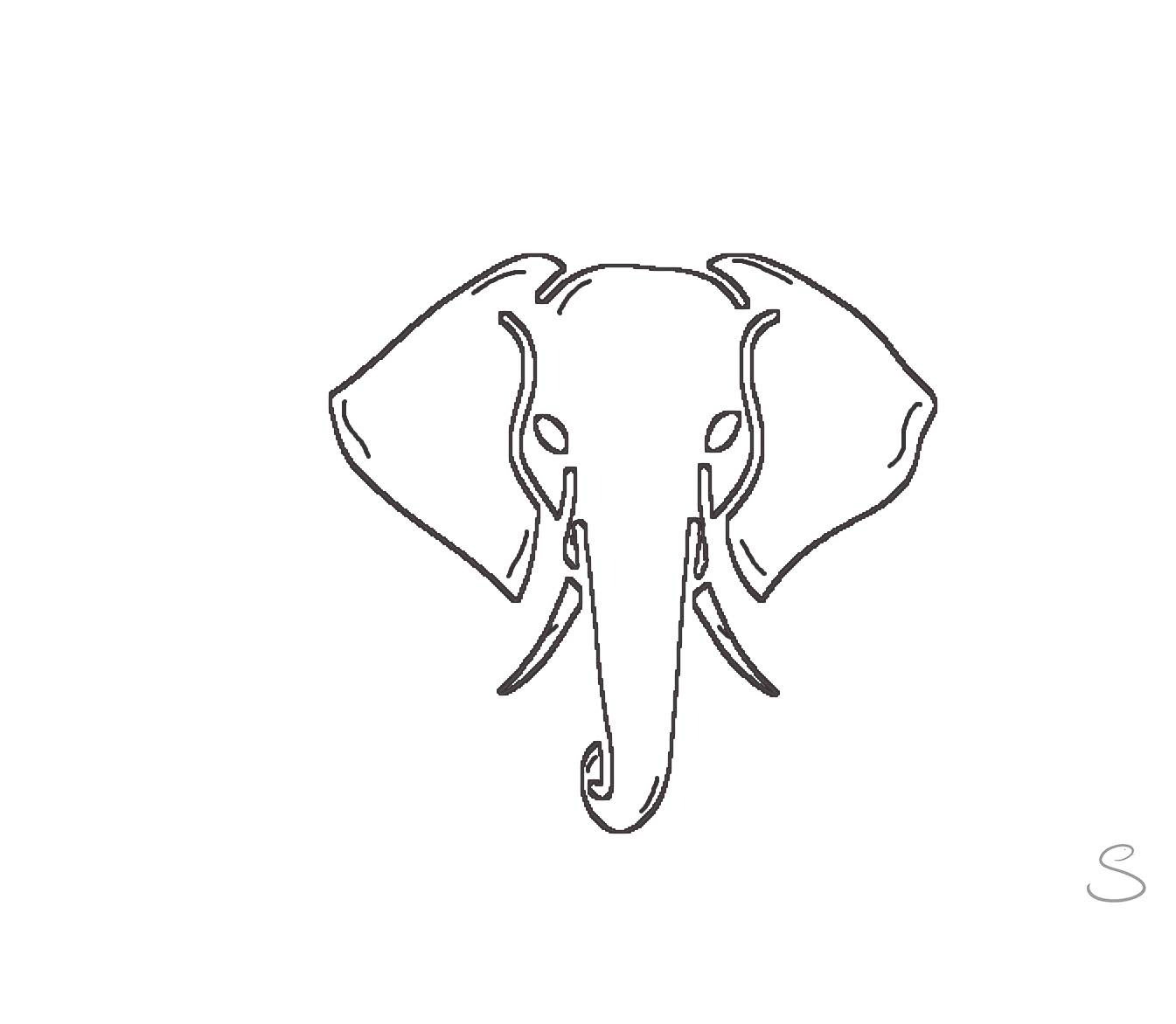 Minimalistyczny, czarno-biały szkic głowy słonia z wyraźnie zaznaczonymi uszami i trąbą, umieszczony na białym tle.